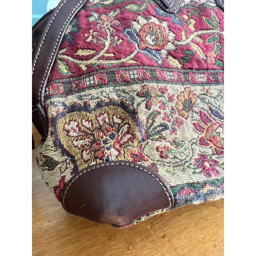 Vintage Liz Claiborne Tapestry Clamshell Satchel Purse Floral Woven Leather Trim - Picture 4 of 13